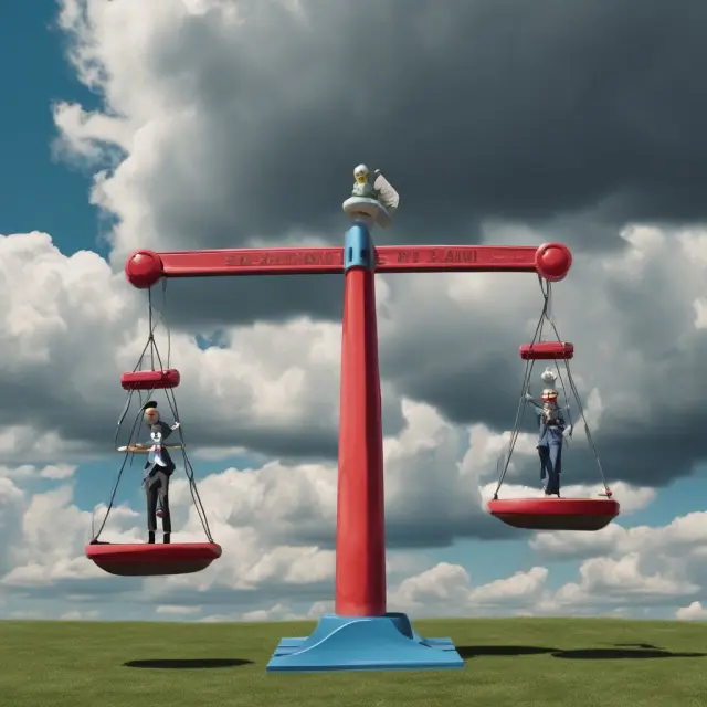 A metaphorical illustration of employee discounts vs. fringe benefits on a teeter-totter, with tax implications symbolized by storm clouds