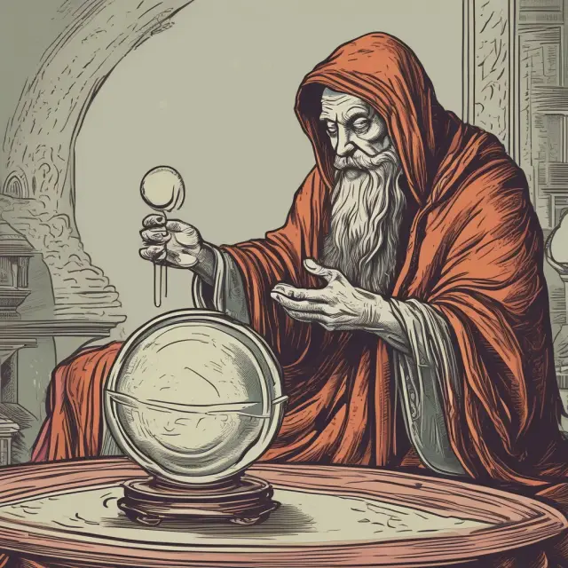 A fortune teller examines various moving averages in a crystal ball to provide insights for portfolio management.
