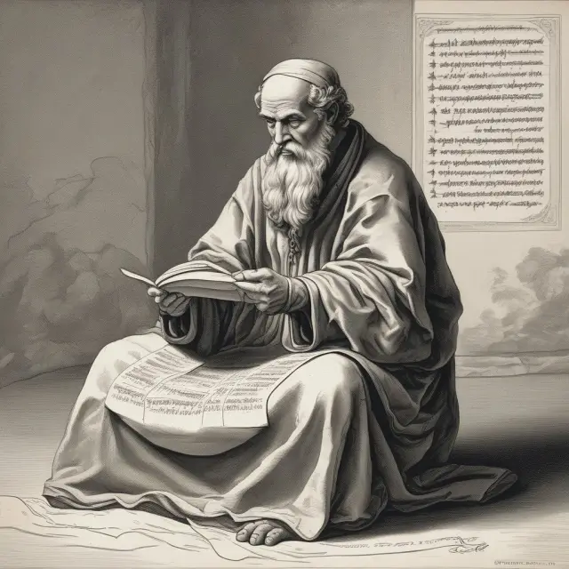 A wise scholar poring over an old parchment, deciphering linearly weighted moving averages for financial analysis
