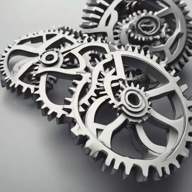 Two interconnected gears symbolizing revolving and non-revolving lines of credit. The first gear (Revolving) features an open end, while the second gear (Non-Revolving) has a closed edge.