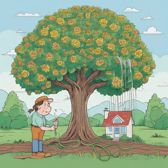Line of Credit application process, represented as a gardener watering a tree using a hose while reviewing financial papers with a loan officer