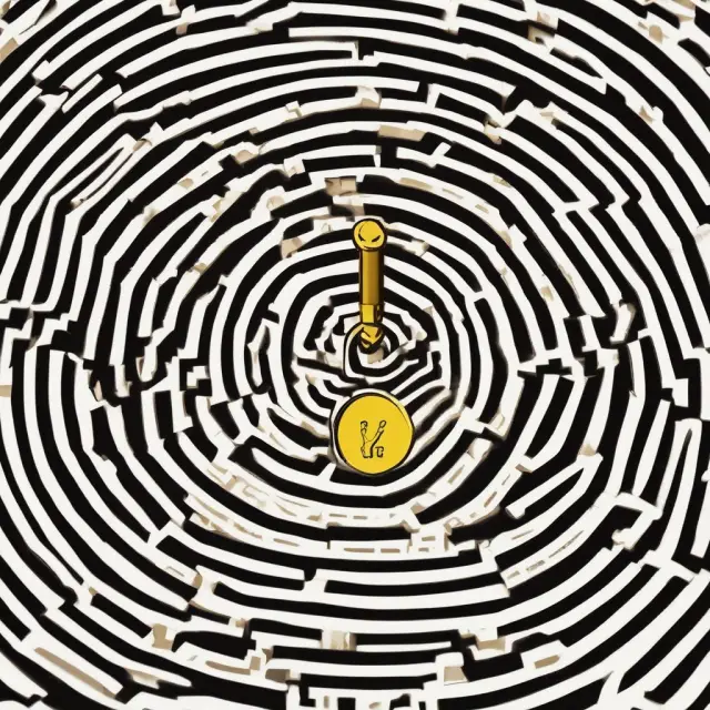 Golden FAQ questions traversing a labyrinth filled with coins representing lines of credit and financial knowledge