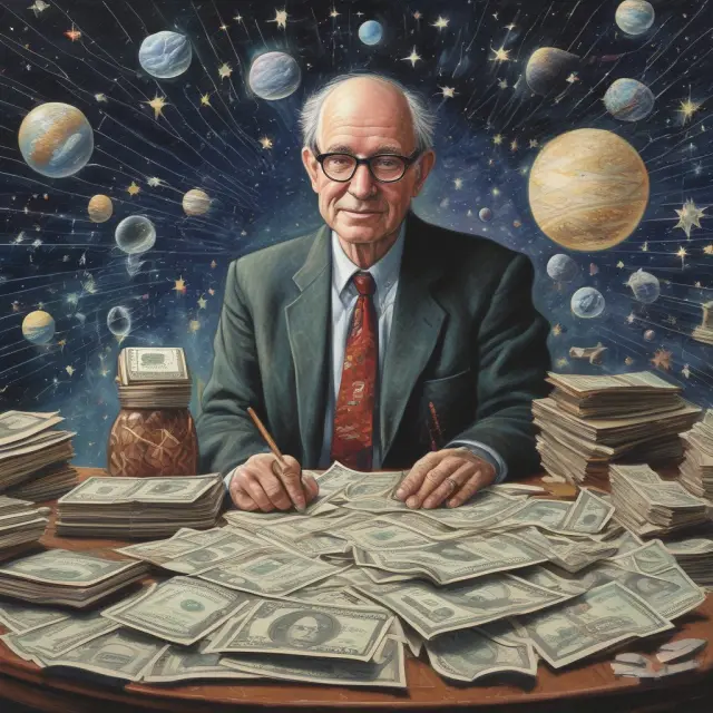 An astronavigator (John Lintner) scrutinizing star charts representing company earnings and target dividend ratios.