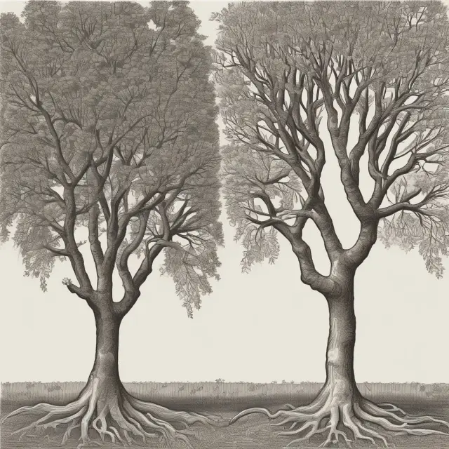 A garden filled with trees representing residual (growing from roots), stability (steady branches), and hybrid (unpredictable blooms) approaches to corporate dividend policy.