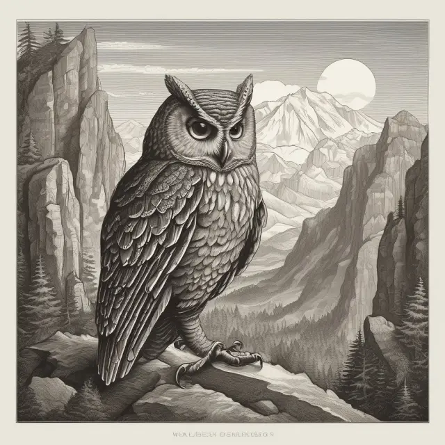 A wise owl examining Lipper Index data atop a mountain of financial information, symbolizing informed decision making and market knowledge.