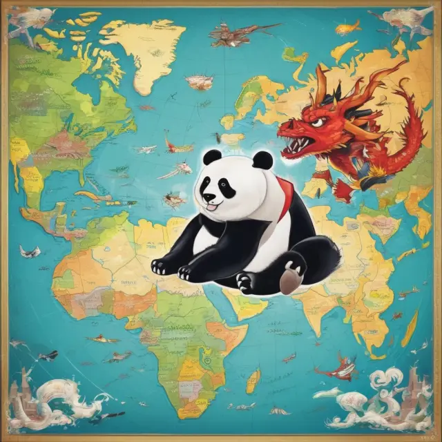 A giant panda and dragon dance on a world map, illustrating China and Japan as major importers of LNG. Arrows show shifting import demand from Europe, Middle East, India, and Africa.
