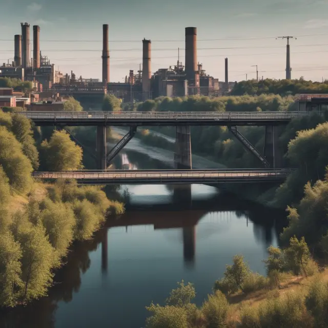 Bridge connecting factories to a natural gas-powered power station, representing industry