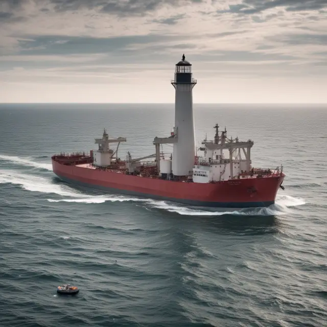 A serene seascape depicting an LNG carrier sailing through tranquil waters, guided by a lighthouse representing safety measures and trained personnel