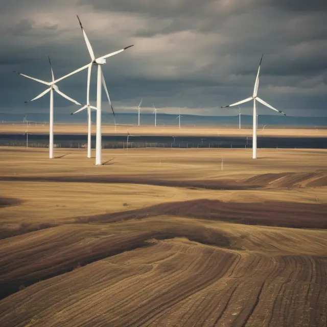 Image of a balanced scale, with one pan representing LNG production via fracking and the other pan featuring renewable energy wind turbines.