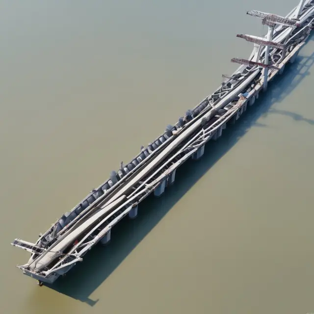 A bridge made from interconnected LNG containers moving towards a continent, representing the role of LNG as a cleaner fuel alternative in today