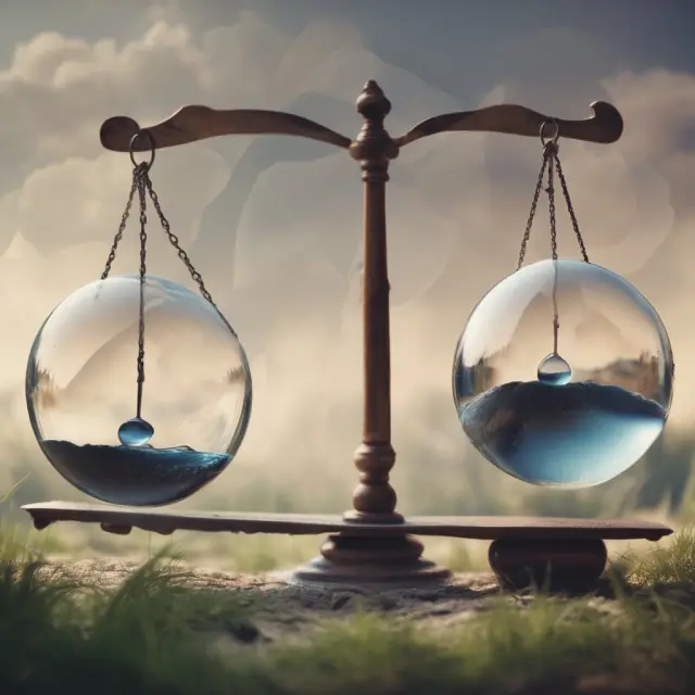 A seesaw with a crystal ball on one end, representing potential transparency and future insights; an hourglass on the other, symbolizing time, fees, and liquidity concerns in liquid alt investments.