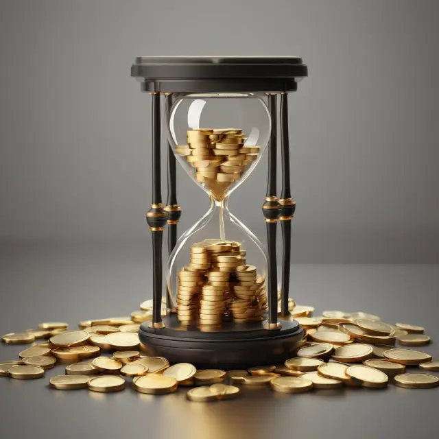 An image of gold coins flowing from a pile to an hourglass, illustrating the conversion of liquid assets to cash