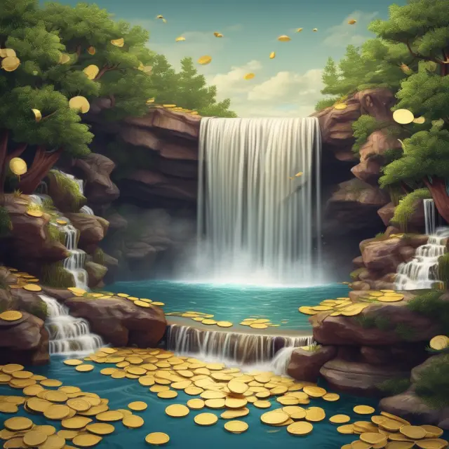 A vibrant waterfall flowing with coins, bills, bonds, and stocks symbolizing diverse liquid assets.