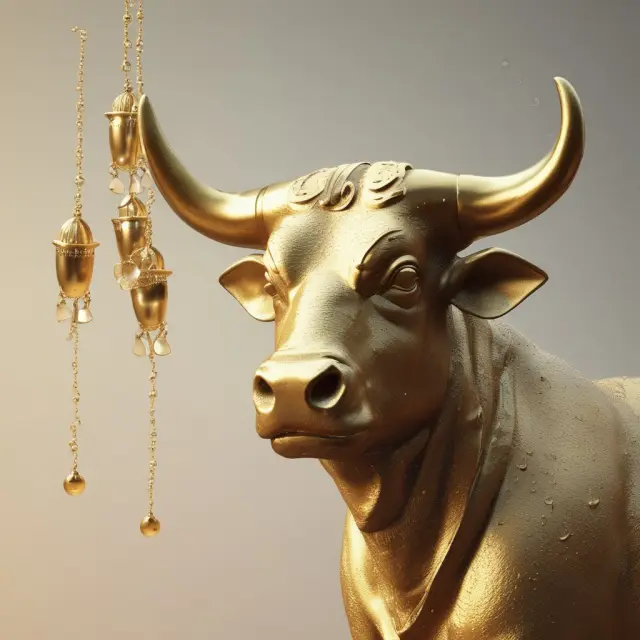 Gold bull holding a pouch filled with raindrops symbolizing easily convertible assets for quick access to cash