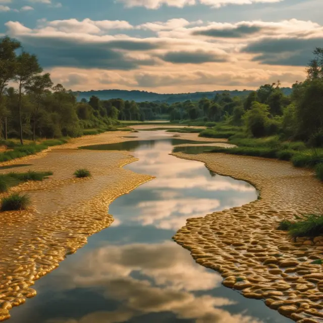 A golden river illustrating liquid and non-liquid markets, symbolizing tranquil and turbulent investment waters