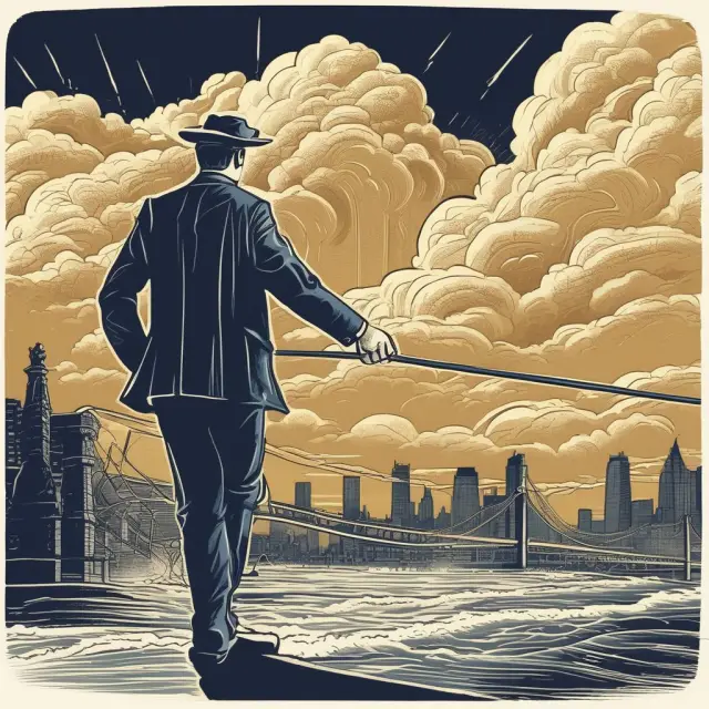 An investor precariously balances on a tightrope amidst a stormy background, representing market volatility. Below, a warning sign for a margin call flutters in the wind.