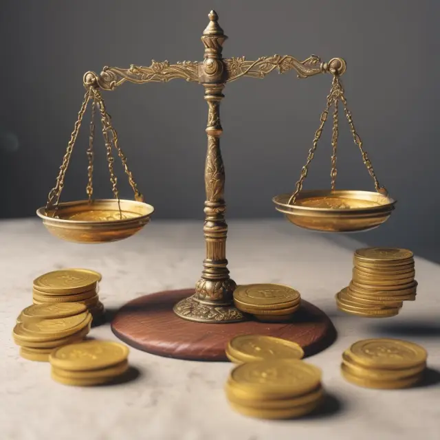 Gold coins on a balance scale represent liquidation and bankruptcy proceedings, highlighting the distribution of assets to creditors