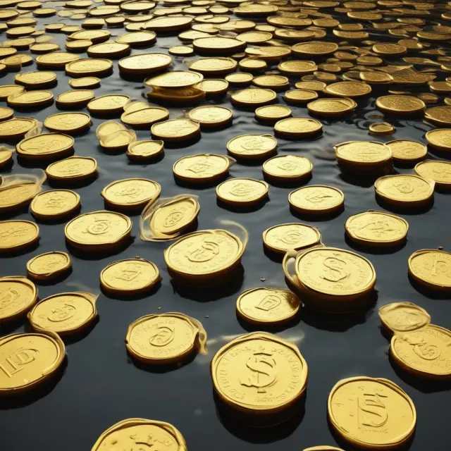 Gold coins melting into clear liquidity pools, representing various assets during the liquidation process