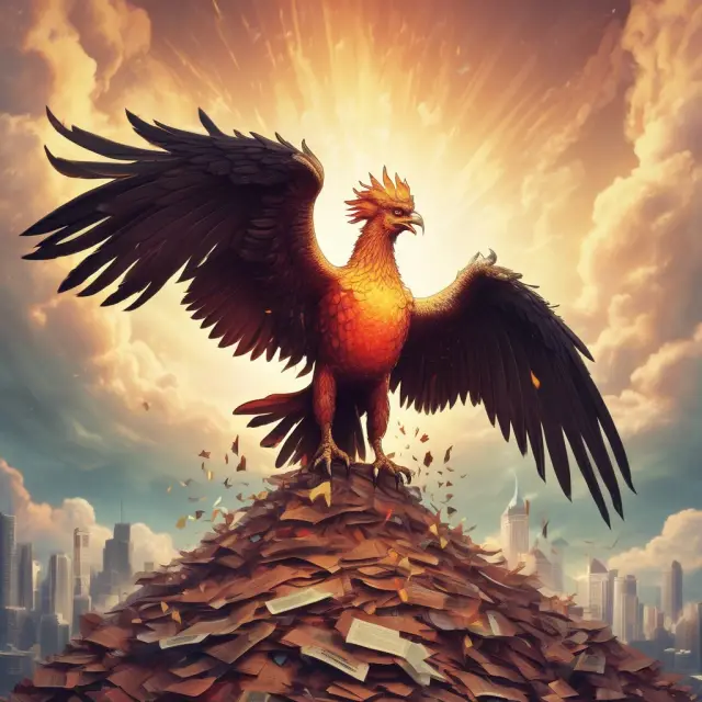 Phoenix bird rising with company records and share certificates, depicting the liquidating dividend distribution process
