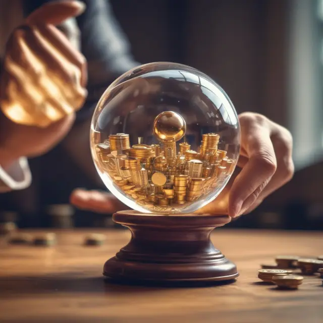 A shareholder examines a crystal ball filled with gold coins, symbolizing potential liquidating dividends. Calculate proportionate ownership, total assets and obtain the dividend per share.