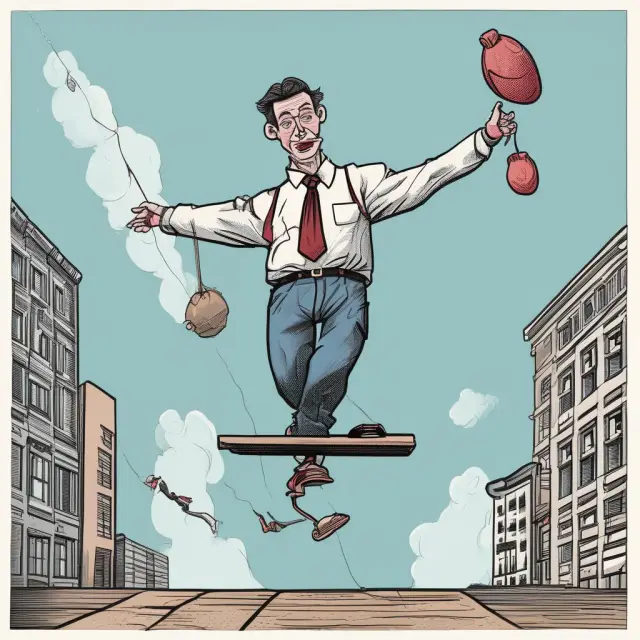 Trader managing multiple loans while maintaining liquidation margin on a seesaw against volatile financial markets