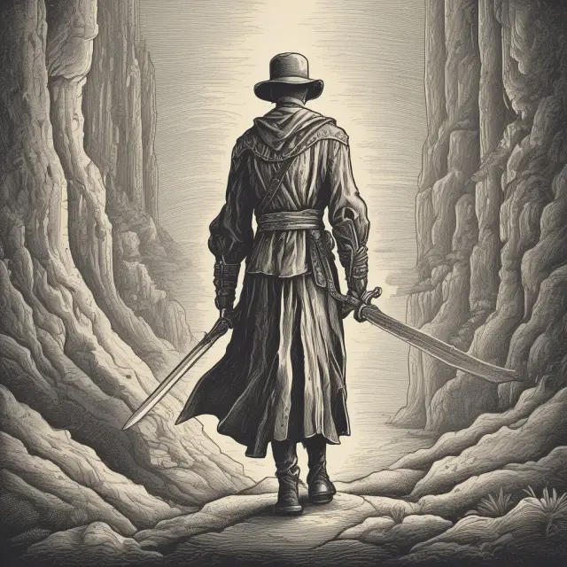Trader navigating through the complex world of liquidation margins while carrying a double-edged sword, illustrating risks and rewards.