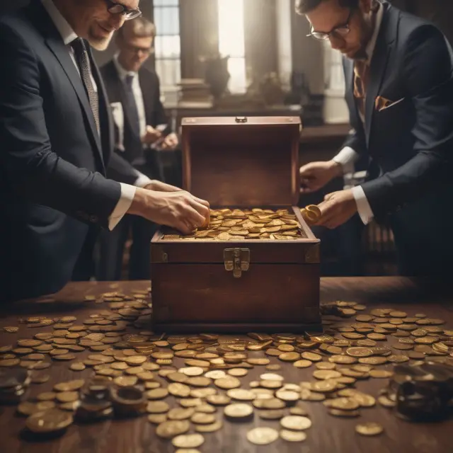 A scene of investors sorting through gold coins, symbolizing the distribution of proceeds from a sale or bankruptcy, with preferred shareholders receiving payment before common stockholders