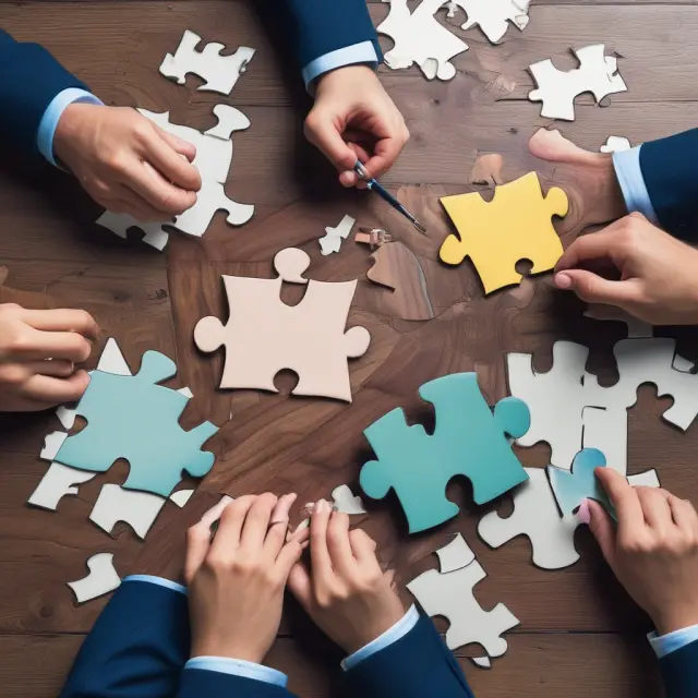 Appraisers working on a jigsaw puzzle made of tangible assets, determining the liquidation value