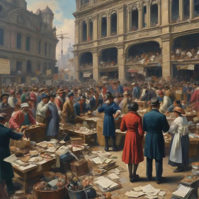 Busy marketplace scene with trustees overseeing the sale of insolvent businesses