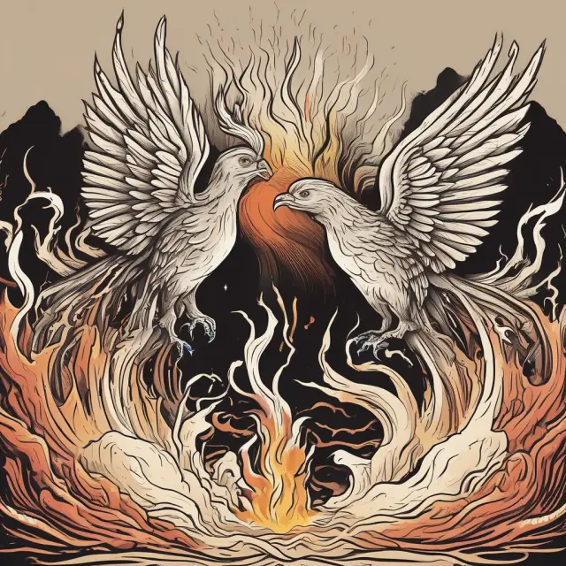 Phoenixes representing solvent and insolvent companies rising from flames; one thriving, the other consumed