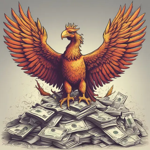 A phoenix rising from a stack of financial reports, representing the liquidation process where investments are sold and turned into cash