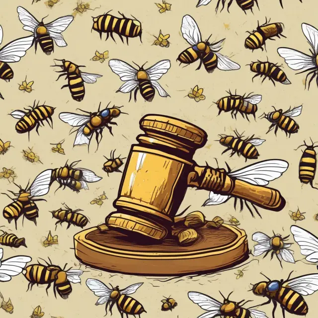 A gavel symbolizing company liquidation releases a swarm of bees to represent stakeholders - secured creditors, unsecured creditors, and shareholders - prioritizing their claims