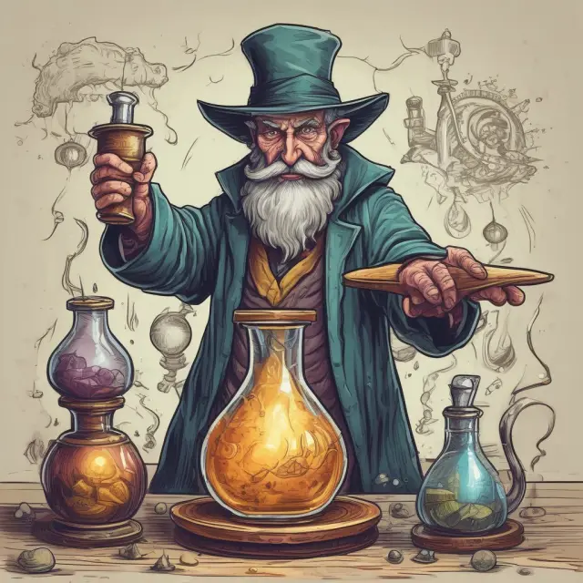 An alchemist representing a liquidator transforms company assets into gold coins, symbolizing cash. Debts are represented as empty jars filled with coins while equity holders receive their portion.