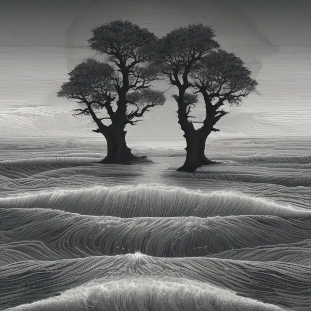 Metaphorical image of mismatched tree rings causing turbulence in a stormy sea, symbolizing liquidity crises from asset-liability mismatches