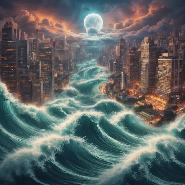 Image of a massive financial tsunami swallowing multiple interconnected institutions, illustrating the impacts of a systemic liquidity crisis on the economy