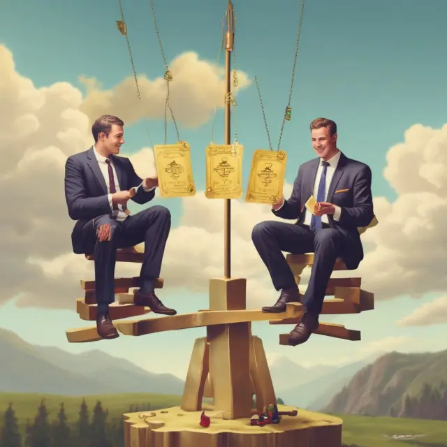 Golden tickets represent shares in a balancing seesaw scene, illustrating founders and investors exchanging profits during a liquidity event