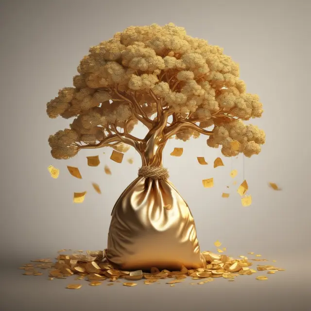 Golden tree releasing cash during a liquidity event. Founders and investors reap rewards from their growth investment.