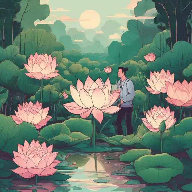 Founders cultivating successful companies into blooming lotus flowers through IPOs and acquisitions, nurtured by venture capital investments