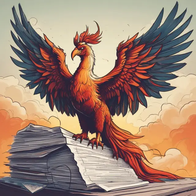 A phoenix, representing business transformation, emerging from a pile of financial documents, signifying preparation for a profitable liquidity event
