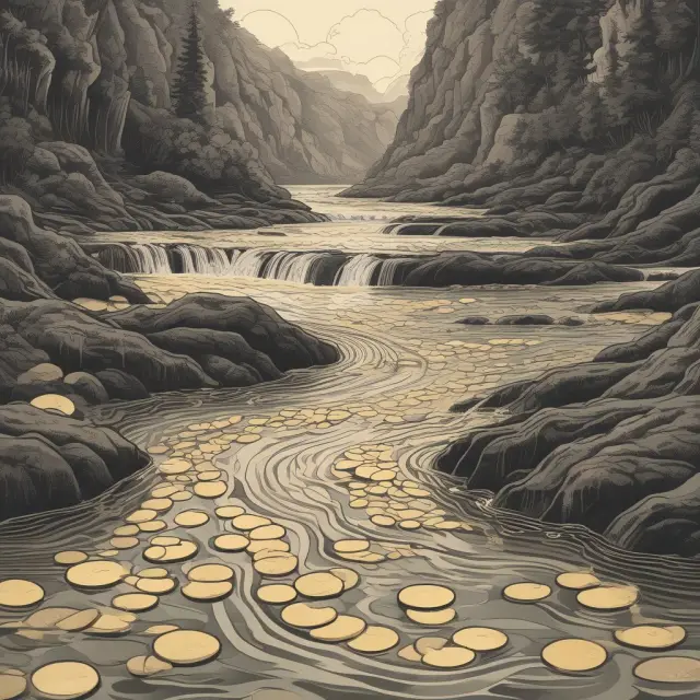 Golden coins representing liquidity motives swimming against the current of a flowing river, symbolizing Keynes