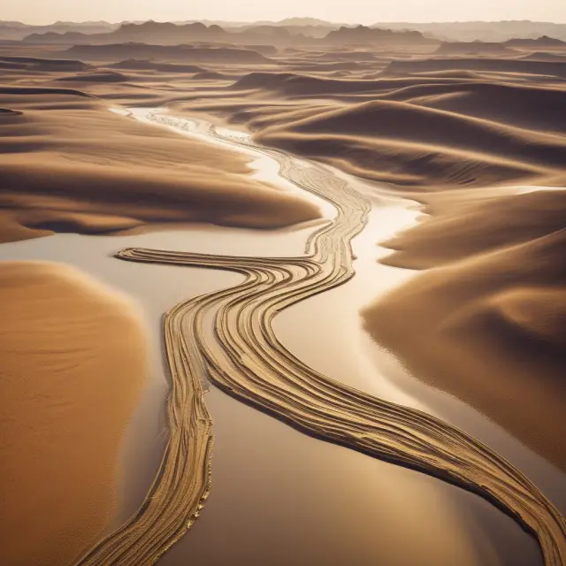 Golden river symbolizes the Liquidity Premium flowing into a desert of Illiquid Assets, emphasizing compensation for investor risk and patience.