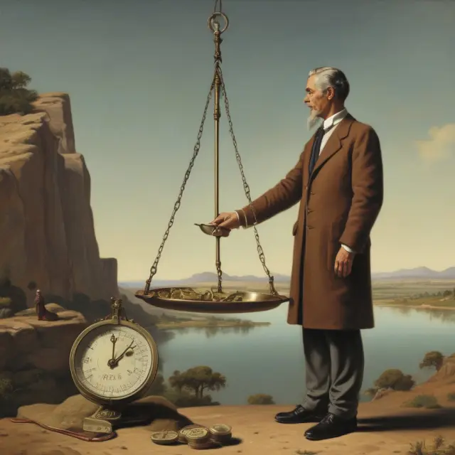 An artist weighs investment benefits against risks, symbolizing an investor