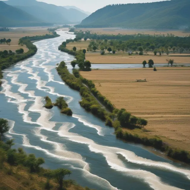 A river meandering through economic landscapes, changing its flow based on interest rates, market volatility, and credit spreads to form various liquidity premium tiers