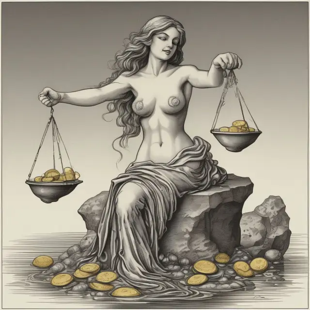 Mermaid weighing golden coins on a scale to represent the equilibrium between current assets and current liabilities in evaluating liquidity.