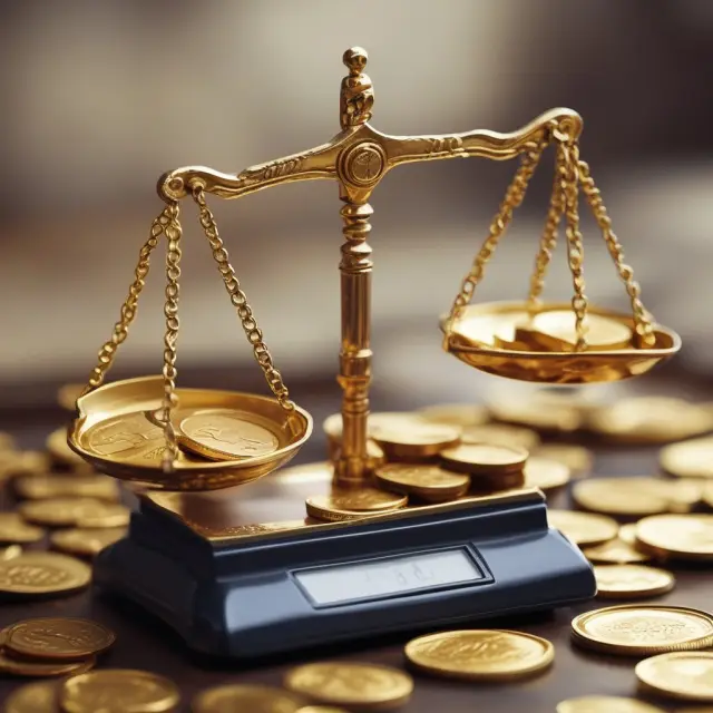 Gold scales balanced with gold coins and inventory items, representing the assessment of a company