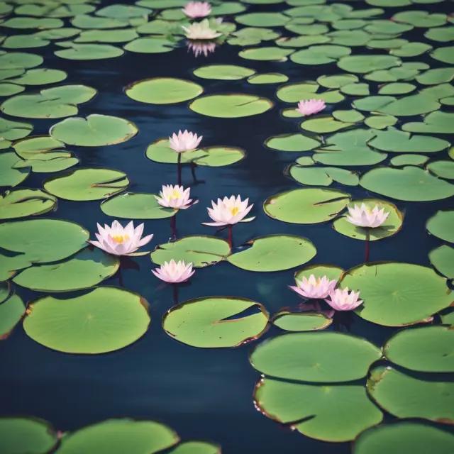 A serene pool filled with various liquidity ratio metrics represented as water lily pads, indicating a company