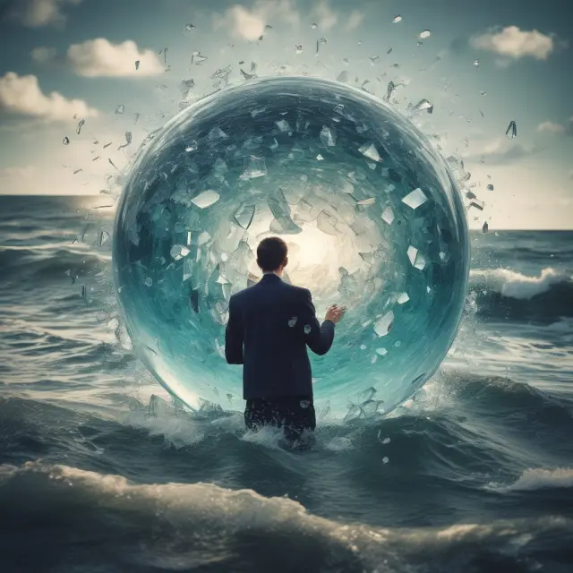 A crystal ball shatters, releasing a sea of securities with frantic buyers paddling to maintain control.