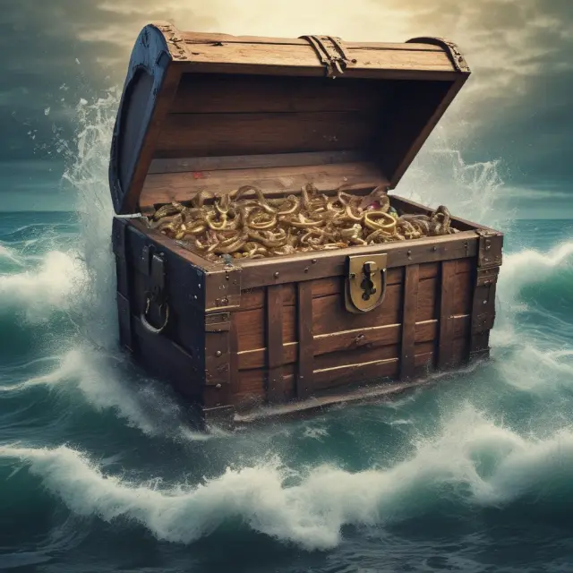 Shipwrecked treasure chest surrounded by shifting waves, symbolizing liquid assets in turbulent markets and the importance of preparedness