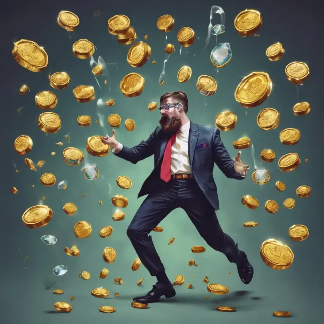 Manager juggling gems (illiquid assets) and gold coins (liquid assets), emphasizing risk management