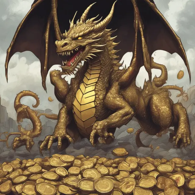 Golden dragon hoarding coins amidst falling interest rates, representing consumer and investor behavior during a liquidity trap